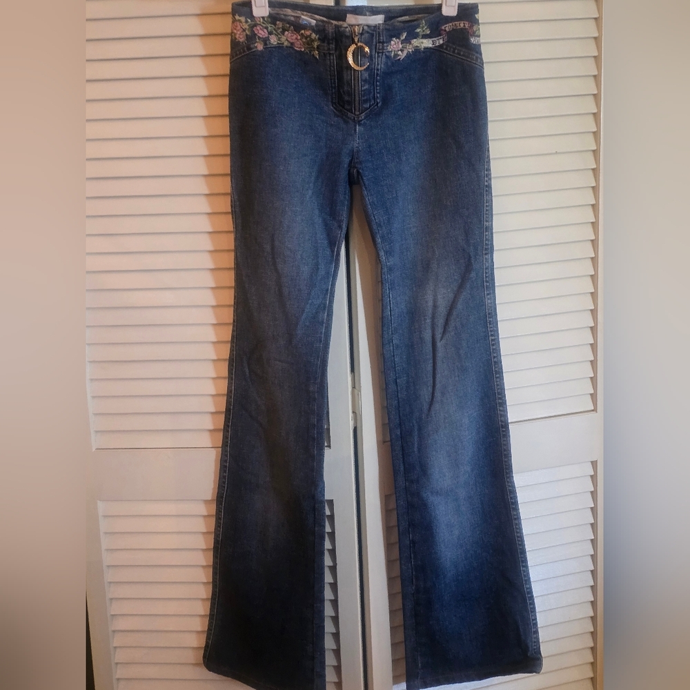 Roberto Cavalli Blue Flare Wide Leg Embroidered Jeans